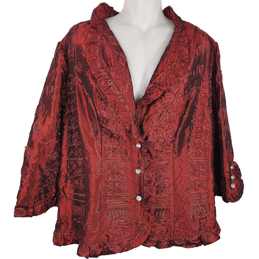 Vintage Agora Blazer Jacket Embroidered Jacquard Maroon Ruffled Large Evening